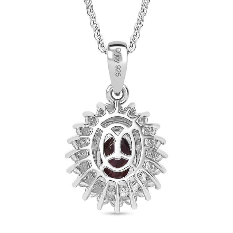 Premium Anthill Garnet and Moissanite 1.50 ctw Sunburst Pendant Necklace in Rhodium Over Sterling Silver 20 Inches