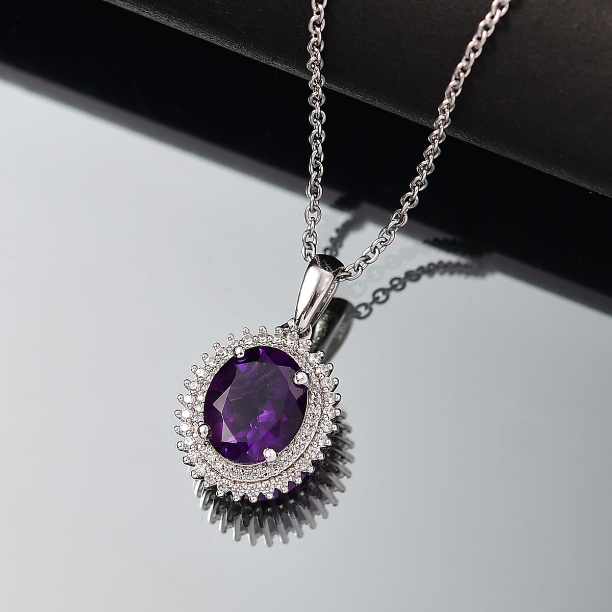 Karis African Amethyst and White Zircon 3.70 ctw Floral Pendant in Platinum Bond with Stainless Steel with Necklace 20 Inches image number 1