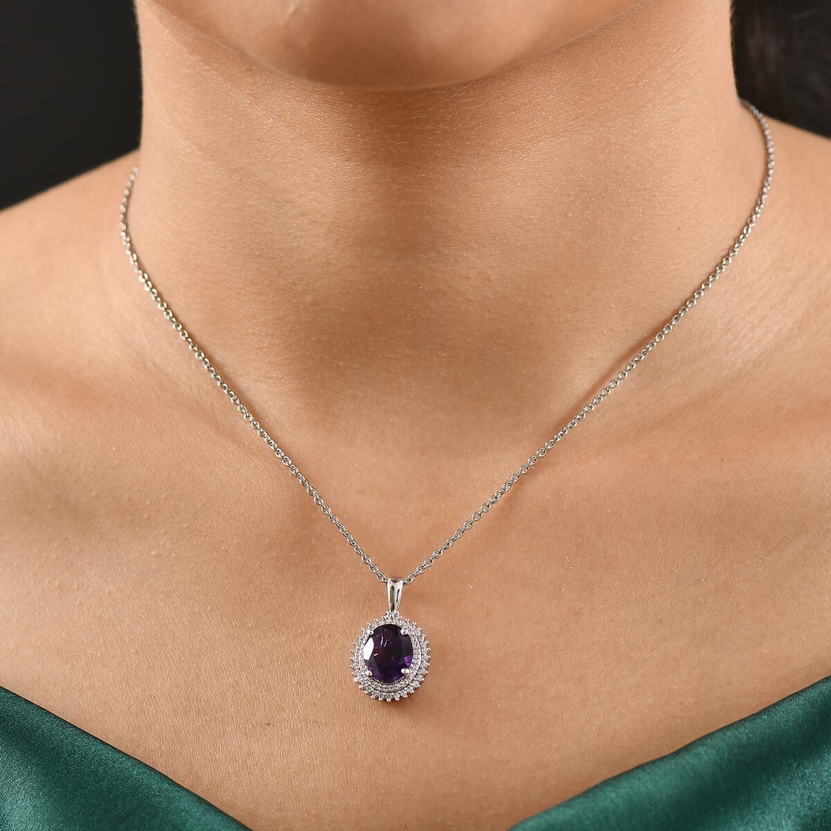 Karis African Amethyst and White Zircon 3.70 ctw Floral Pendant in Platinum Bond with Stainless Steel with Necklace 20 Inches image number 2