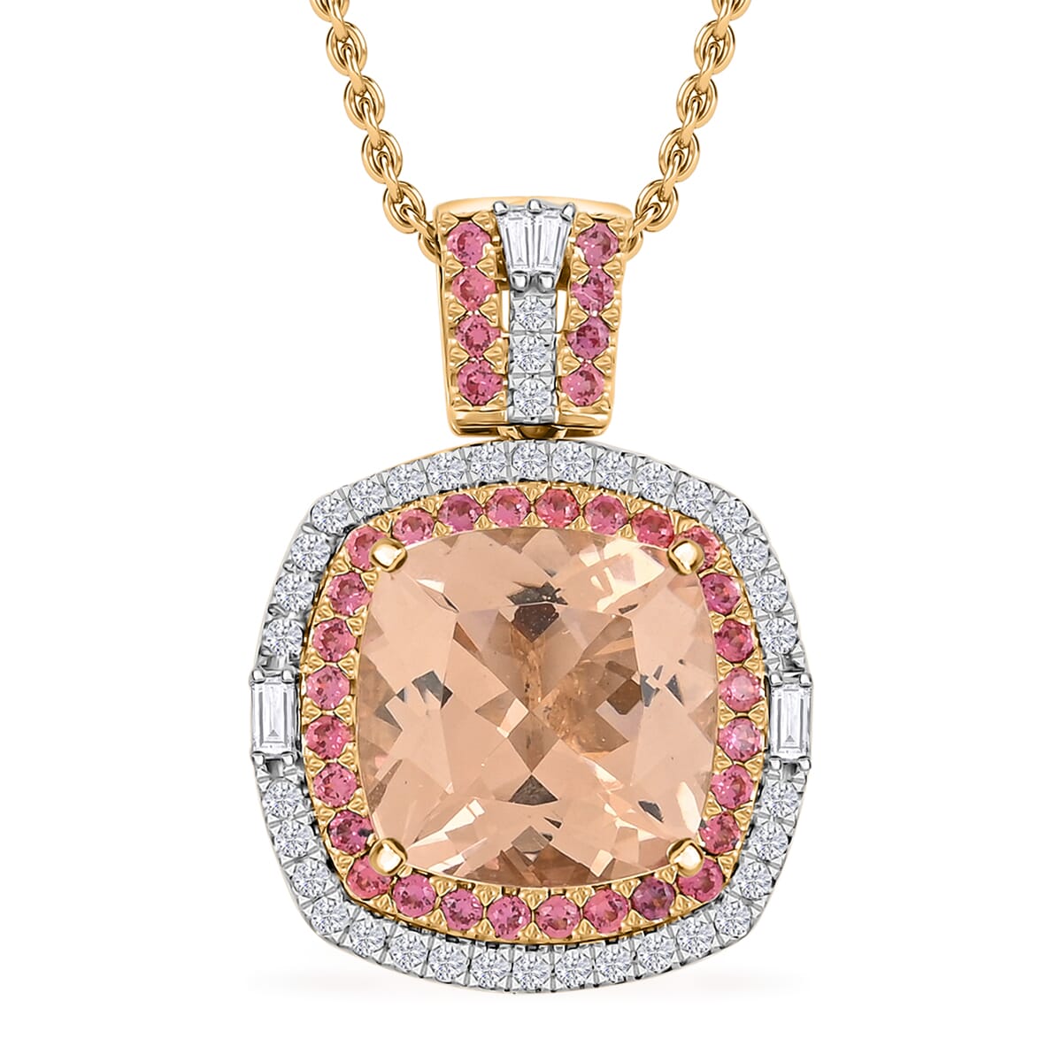 Luxoro AAA Marropino Morganite, Padparadscha Sapphire and White Diamond I2 7.70 ctw Pendant Necklace in 14K Yellow Gold 20 Inches image number 0