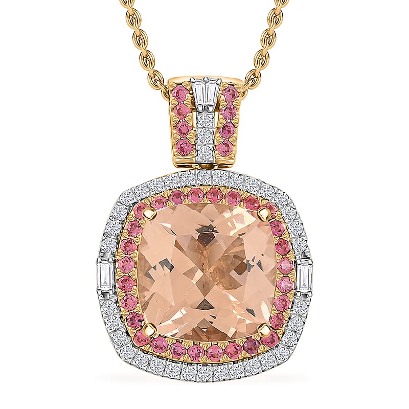 Luxoro AAA Marropino Morganite, Padparadscha Sapphire and White Diamond I2 7.70 ctw Pendant Necklace in 14K Yellow Gold 20 Inches