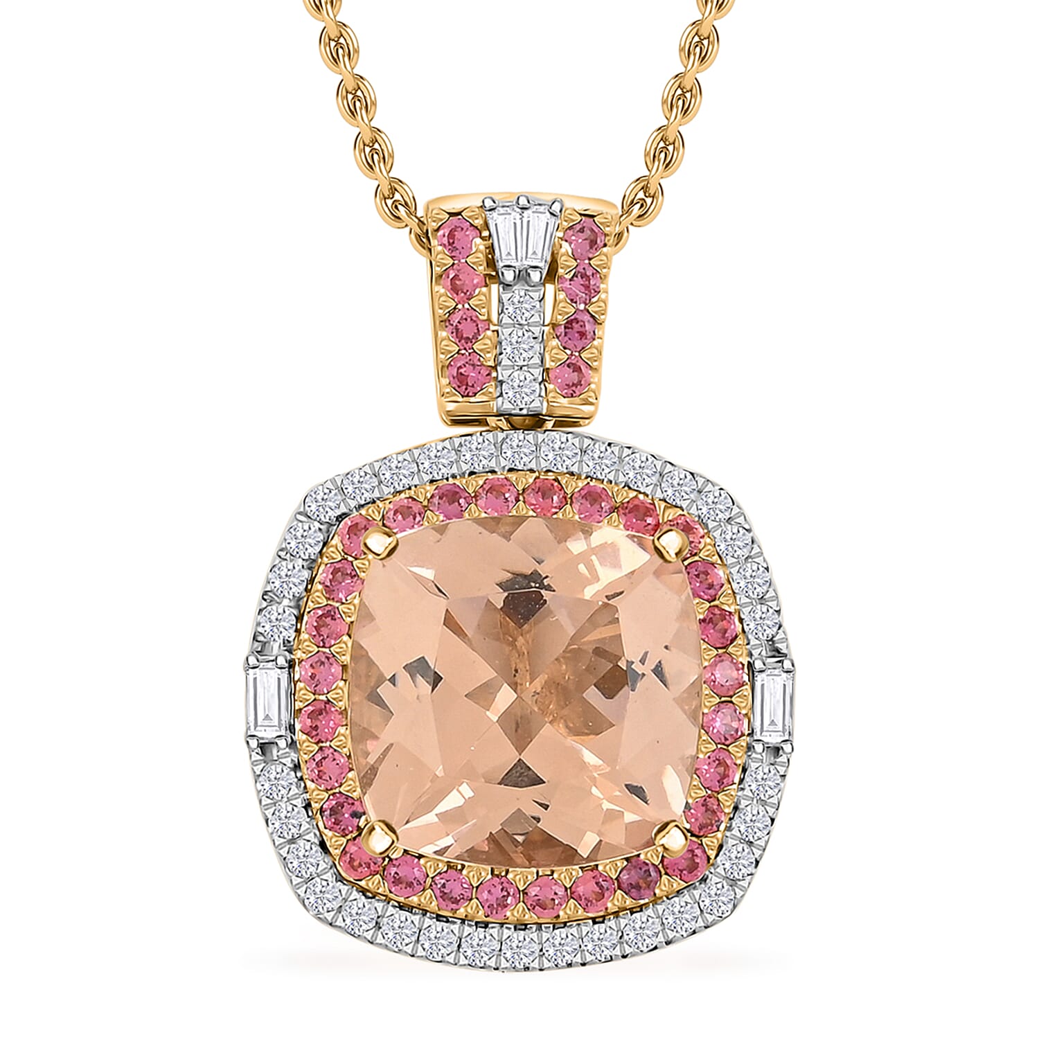 Luxoro AAA Marropino Morganite, Padparadscha Sapphire and White Diamond I2 7.70 ctw Pendant Necklace in 14K Yellow Gold 20 Inche