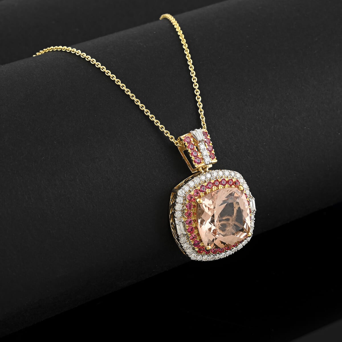 Luxoro AAA Marropino Morganite, Padparadscha Sapphire and White Diamond I2 7.70 ctw Pendant Necklace in 14K Yellow Gold 20 Inches image number 1