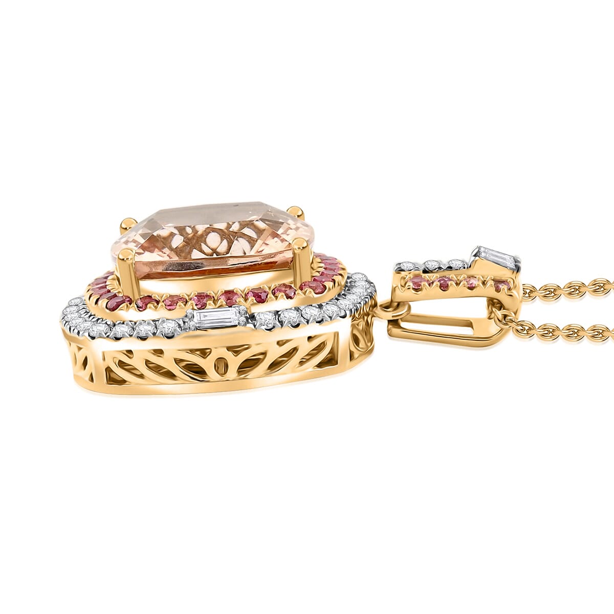 Luxoro AAA Marropino Morganite, Padparadscha Sapphire and White Diamond I2 7.70 ctw Pendant Necklace in 14K Yellow Gold 20 Inches image number 3
