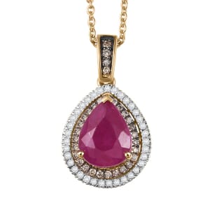Luxoro AAA Royal Ruby, I2 Natural Champagne and White Diamond 2.50 ctw Dewdrop Pendant Necklace in 10K Yellow Gold 20 Inches