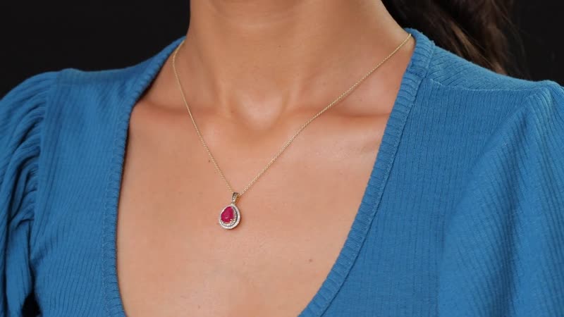 Luxoro AAA Royal Ruby, I2 Natural Champagne and White Diamond 2.50 ctw Dewdrop Pendant Necklace in 10K Yellow Gold 20 Inches