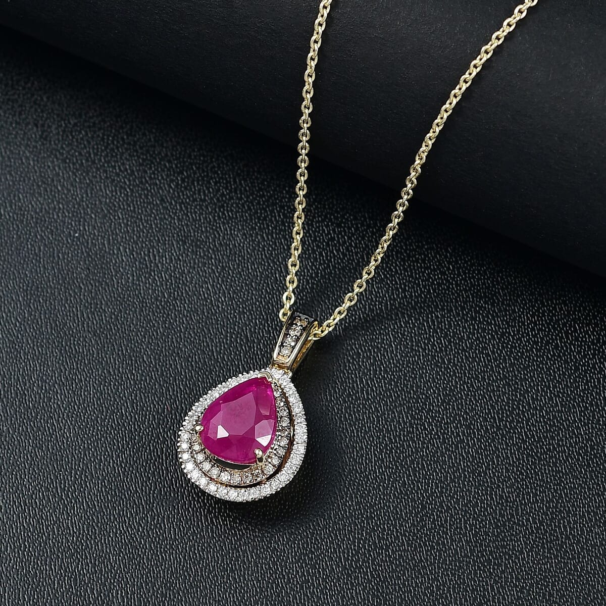 Luxoro AAA Royal Ruby, I2 Natural Champagne and White Diamond 2.50 ctw Dewdrop Pendant Necklace in 10K Yellow Gold 20 Inches image number 1