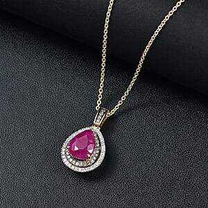 Luxoro AAA Royal Ruby, I2 Natural Champagne and White Diamond 2.50 ctw Dewdrop Pendant Necklace in 10K Yellow Gold 20 Inches