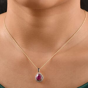 Luxoro AAA Royal Ruby, I2 Natural Champagne and White Diamond 2.50 ctw Dewdrop Pendant Necklace in 10K Yellow Gold 20 Inches