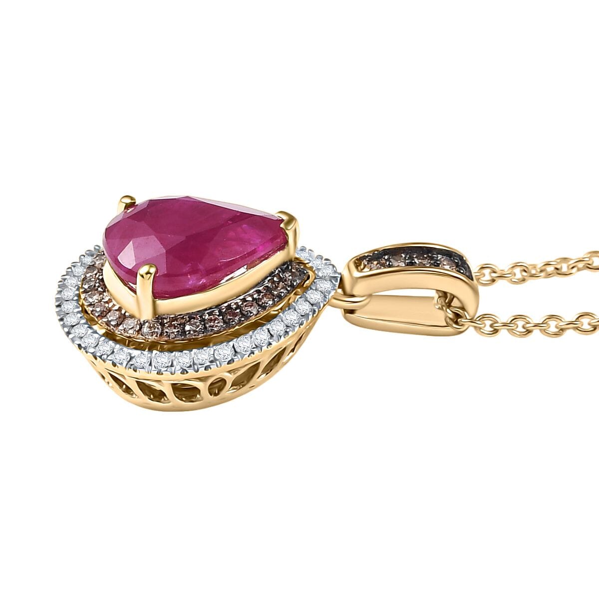 Luxoro AAA Royal Ruby, I2 Natural Champagne and White Diamond 2.50 ctw Dewdrop Pendant Necklace in 10K Yellow Gold 20 Inches image number 3