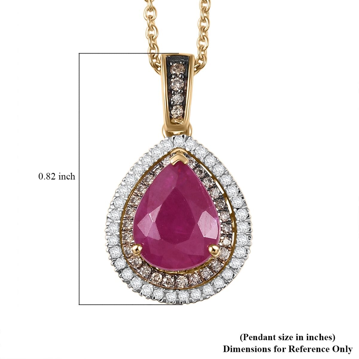 Luxoro AAA Royal Ruby, I2 Natural Champagne and White Diamond 2.50 ctw Dewdrop Pendant Necklace in 10K Yellow Gold 20 Inches image number 5