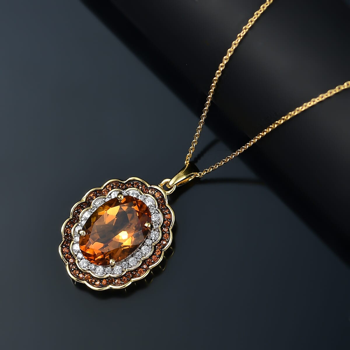 Premium Santa Ana Madeira Citrine, Champagne and White Zircon 6.60 ctw Floral Pendant Necklace in 18K Vermeil Yellow Gold Over Sterling Silver 20 Inches image number 1