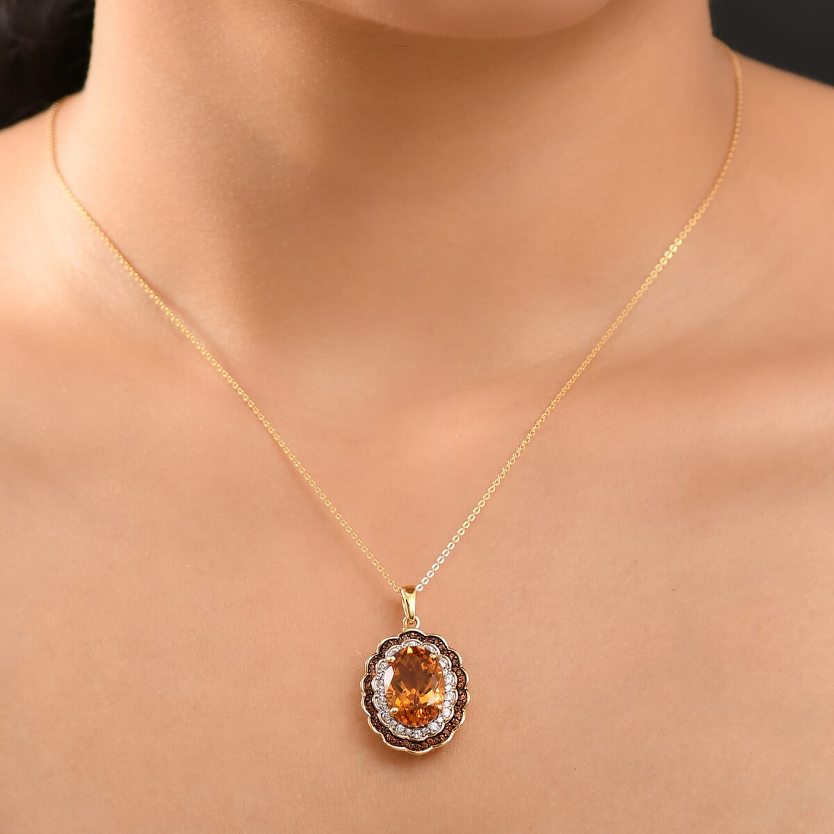 Premium Santa Ana Madeira Citrine, Champagne and White Zircon 6.60 ctw Floral Pendant Necklace in 18K Vermeil Yellow Gold Over Sterling Silver 20 Inches image number 2