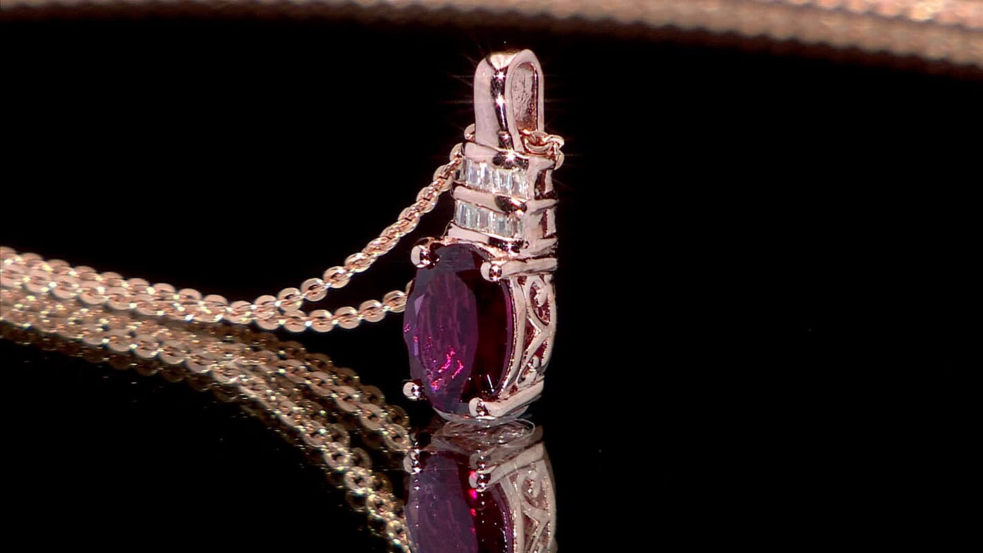 Orissa Rhodolite Garnet, Diamond Art Deco Pendant Necklace in 18K Vermeil RG Over Sterling Silver 1.65 ctw ( 20 Inches)