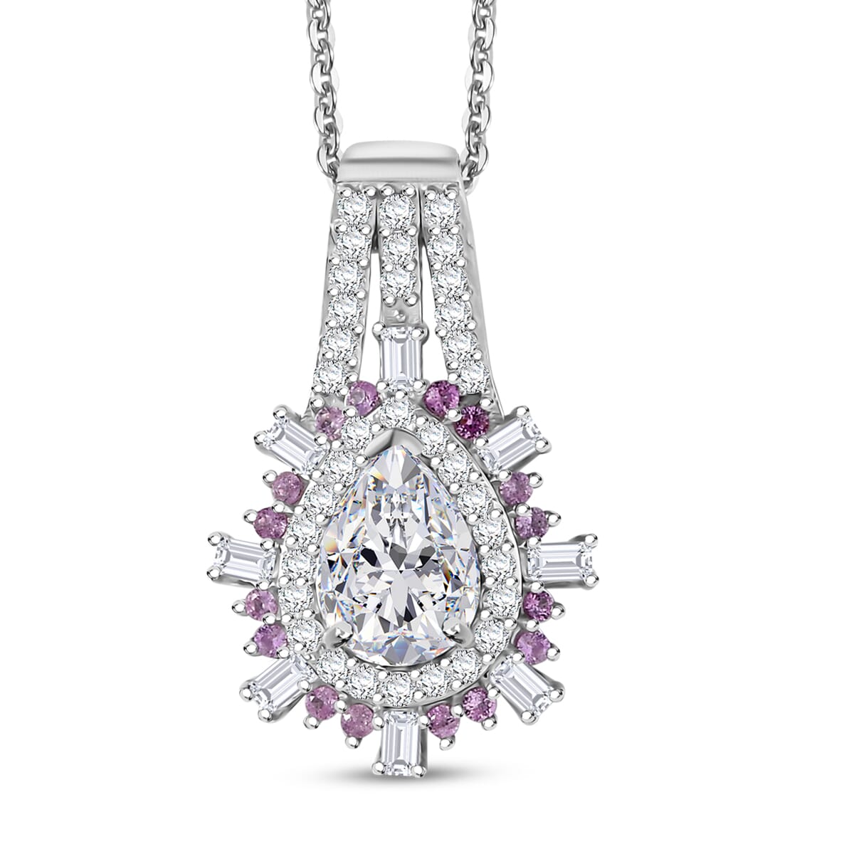 D'Joy Moissanite and Madagascar Pink Sapphire 1.80 ctw Sunburst Pendant Necklace 20 Inches in Rhodium Over Sterling Silver (Size 7.0) image number 0