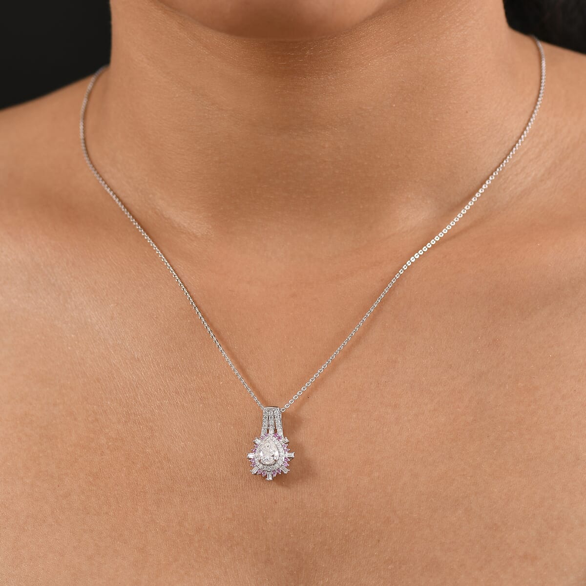 D'Joy Moissanite and Madagascar Pink Sapphire 1.80 ctw Sunburst Pendant Necklace 20 Inches in Rhodium Over Sterling Silver (Size 7.0) image number 2