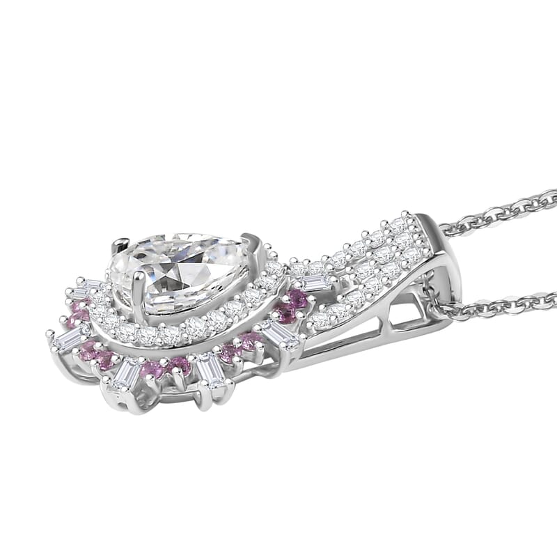 D'Joy Moissanite and Madagascar Pink Sapphire 1.80 ctw Sunburst Pendant Necklace 20 Inches in Rhodium Over Sterling Silver (Size 7.0)