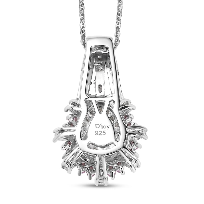 D'Joy Moissanite and Madagascar Pink Sapphire 1.80 ctw Sunburst Pendant Necklace 20 Inches in Rhodium Over Sterling Silver (Size 7.0)