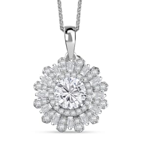 D'Joy Moissanite 2.10 ctw Vintage Floral Pendant Necklace in Rhodium Over Sterling Silver 20 Inches