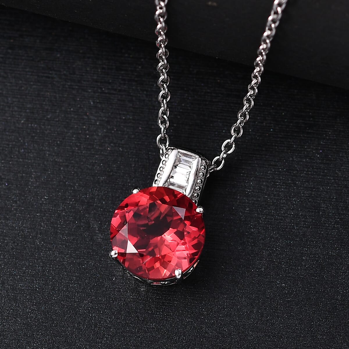 Karis Lab Created Padparadscha Sapphire and Created White Sapphire 6.60 ctw Pendant in Platinum Bond with Stainless Steel Necklace 20 Inches image number 1