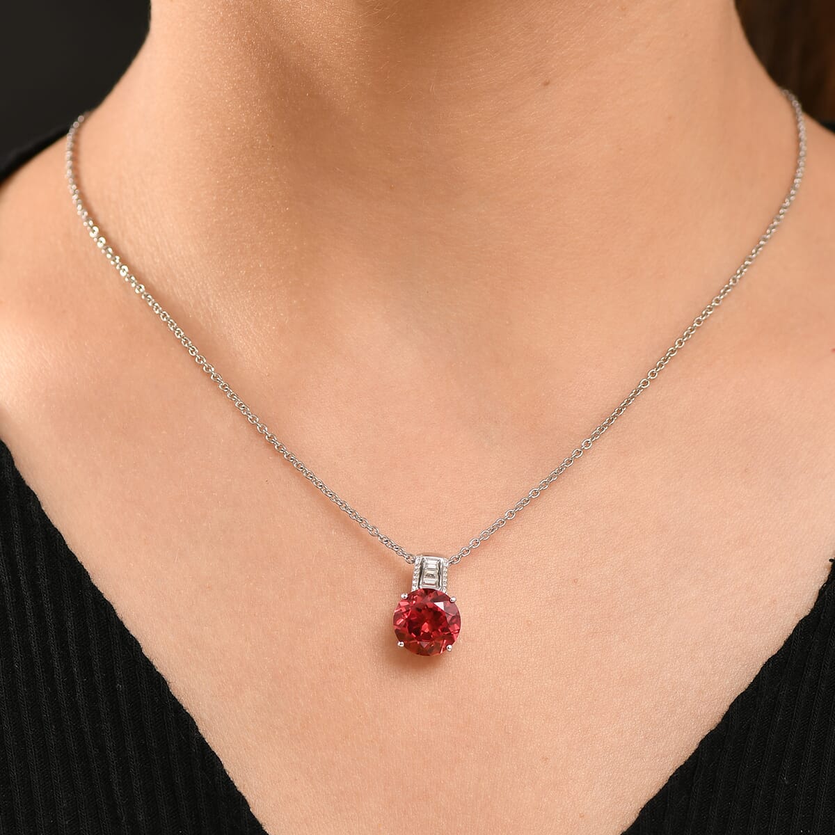 Karis Lab Created Padparadscha Sapphire and Created White Sapphire 6.60 ctw Pendant in Platinum Bond with Stainless Steel Necklace 20 Inches image number 2