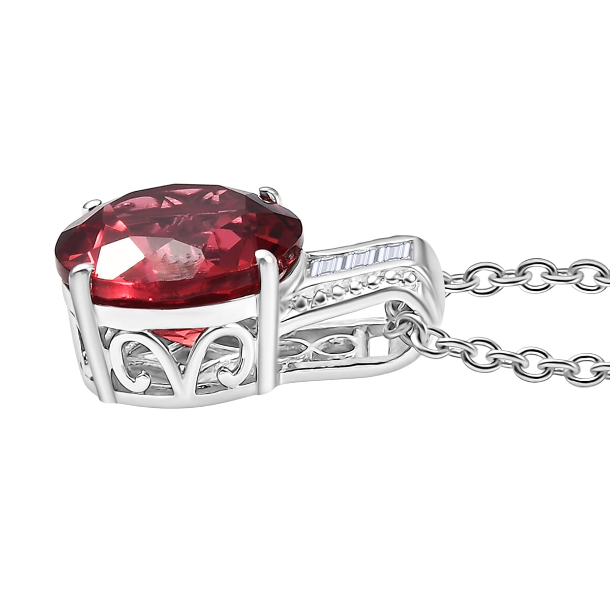 Karis Lab Created Padparadscha Sapphire and Created White Sapphire 6.60 ctw Pendant in Platinum Bond with Stainless Steel Necklace 20 Inches image number 3