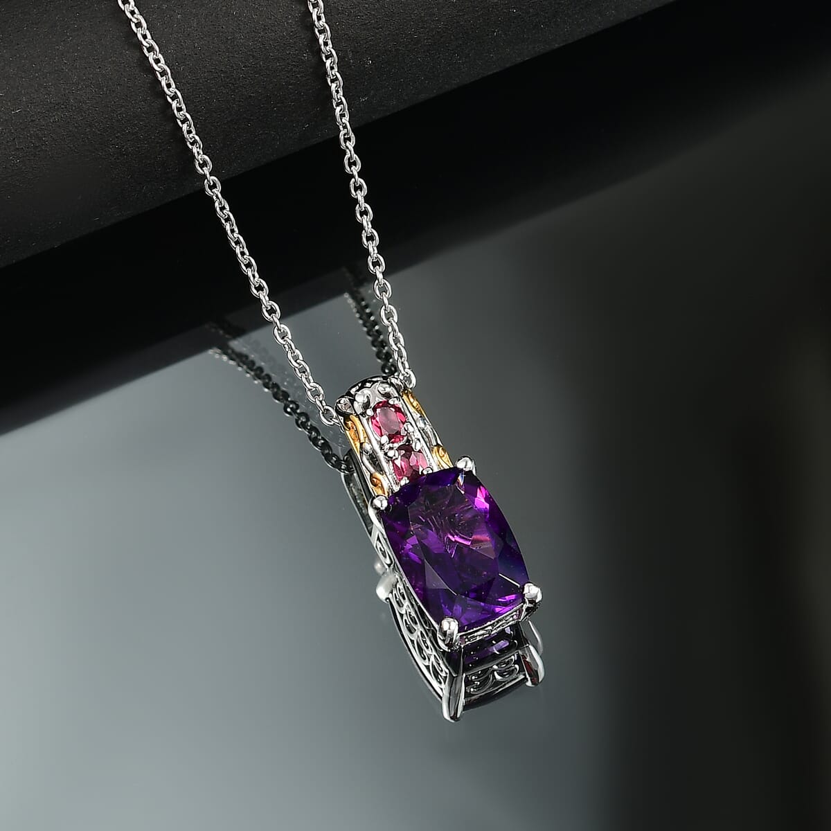 Karis African Amethyst and Orissa Rhodolite Garnet 7.10 ctw Royal Romance Pendant in 18K YG Plated and Platinum Bond with Stainless Steel Necklace 20 Inches image number 1