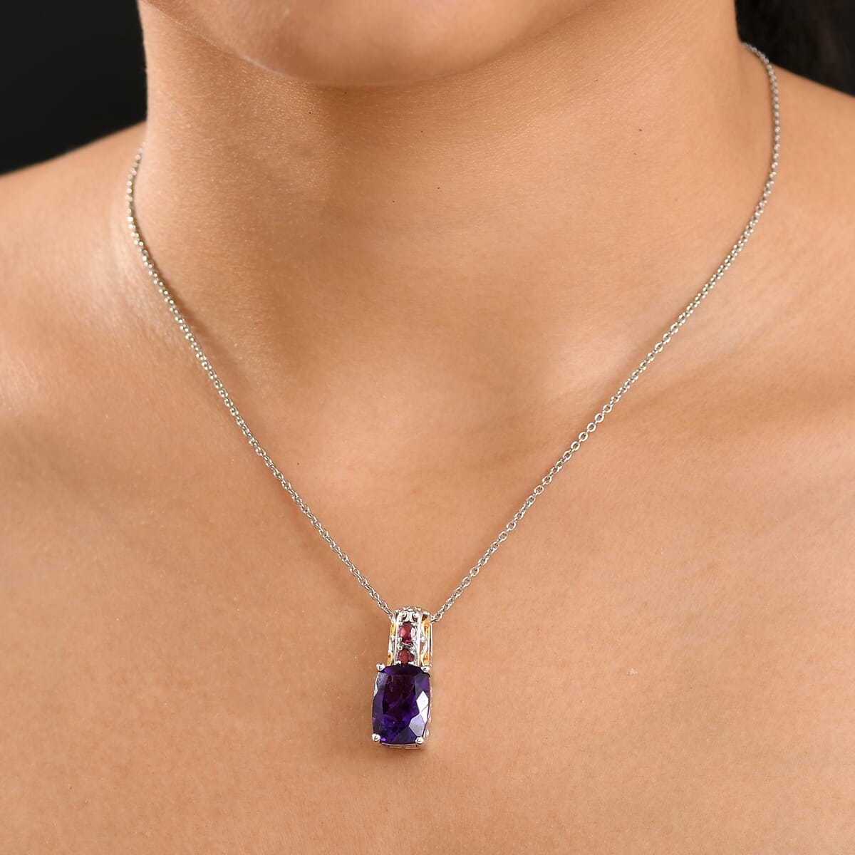 Karis African Amethyst and Orissa Rhodolite Garnet 7.10 ctw Royal Romance Pendant in 18K YG Plated and Platinum Bond with Stainless Steel Necklace 20 Inches image number 2