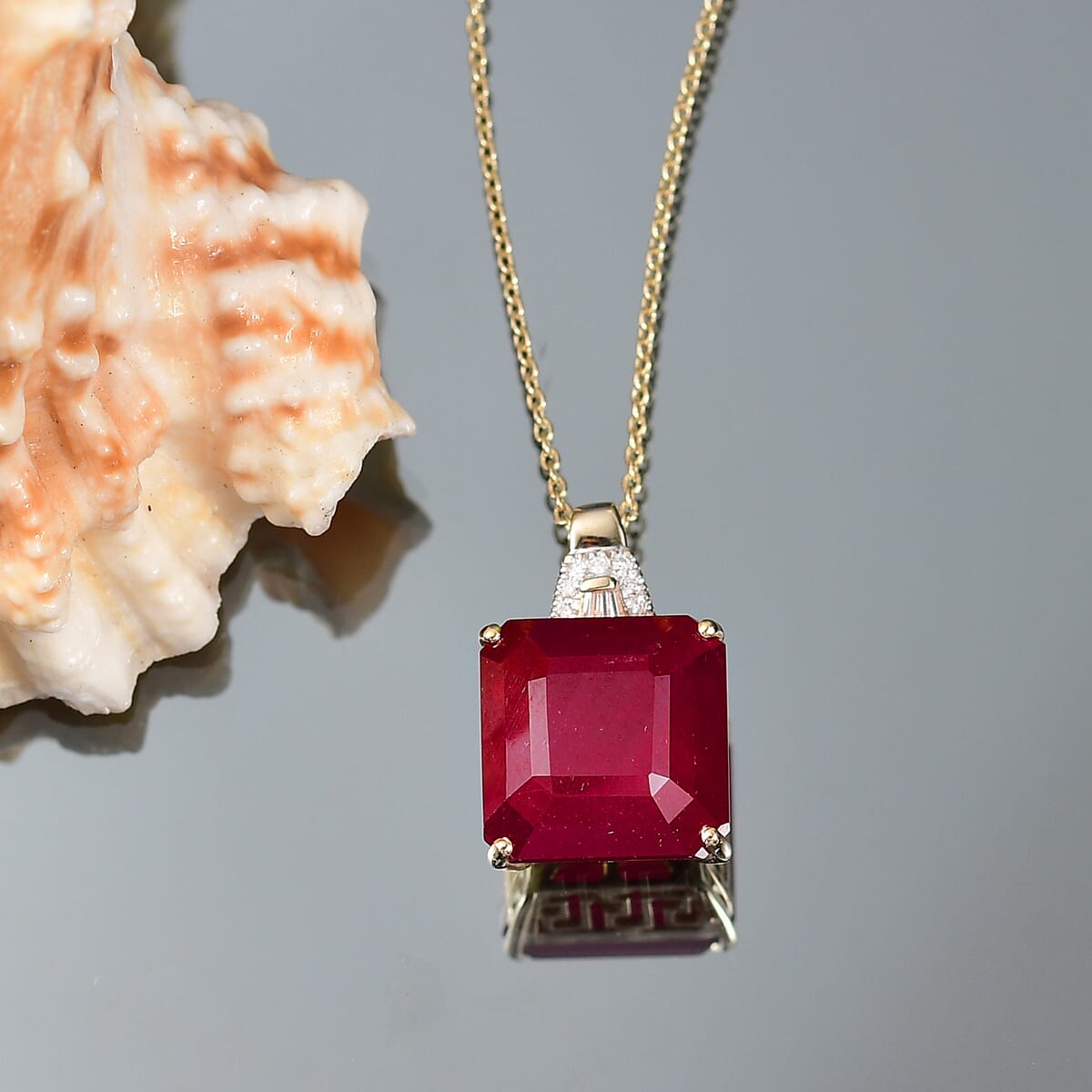 Luxoro AAA Asscher Cut Niassa Ruby FF and I2 Diamond 13.20 ctw Antique Greek Key Pendant Necklace 20 Inches in 10K Yellow Gold  image number 1