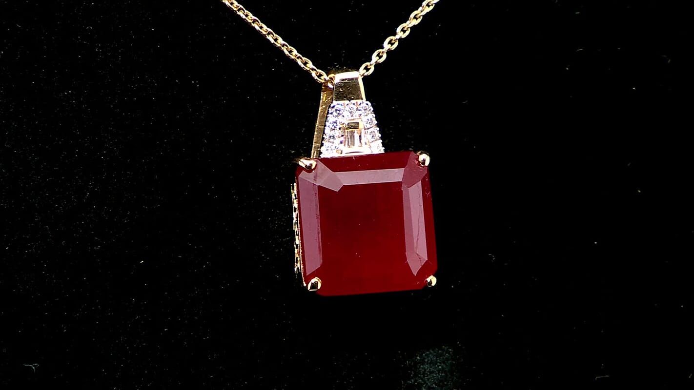 Luxoro AAA Asscher Cut Niassa Ruby FF and I2 Diamond 13.20 ctw Antique Greek Key Pendant Necklace 20 Inches in 10K Yellow Gold