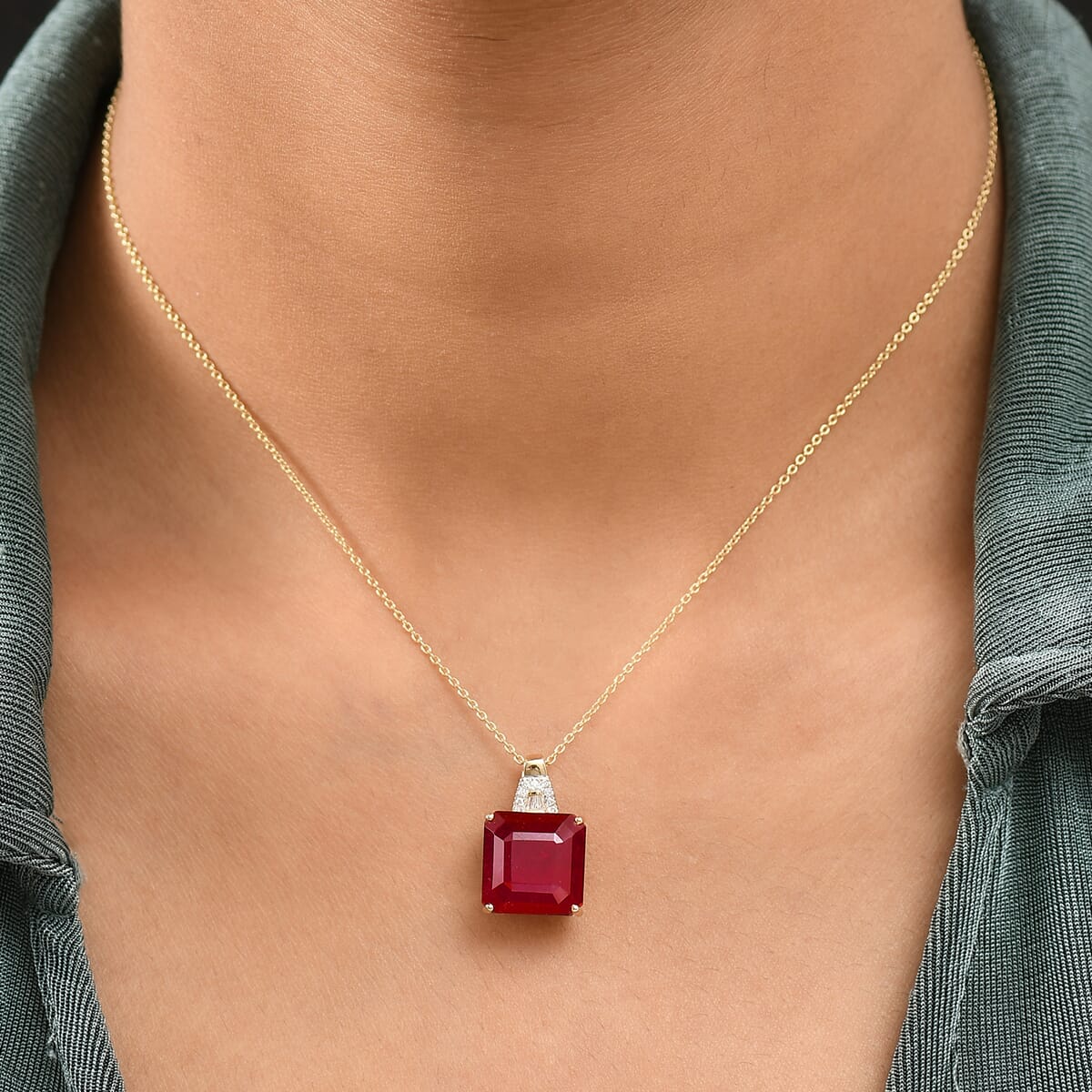 Luxoro AAA Asscher Cut Niassa Ruby FF and I2 Diamond 13.20 ctw Antique Greek Key Pendant Necklace 20 Inches in 10K Yellow Gold  image number 2