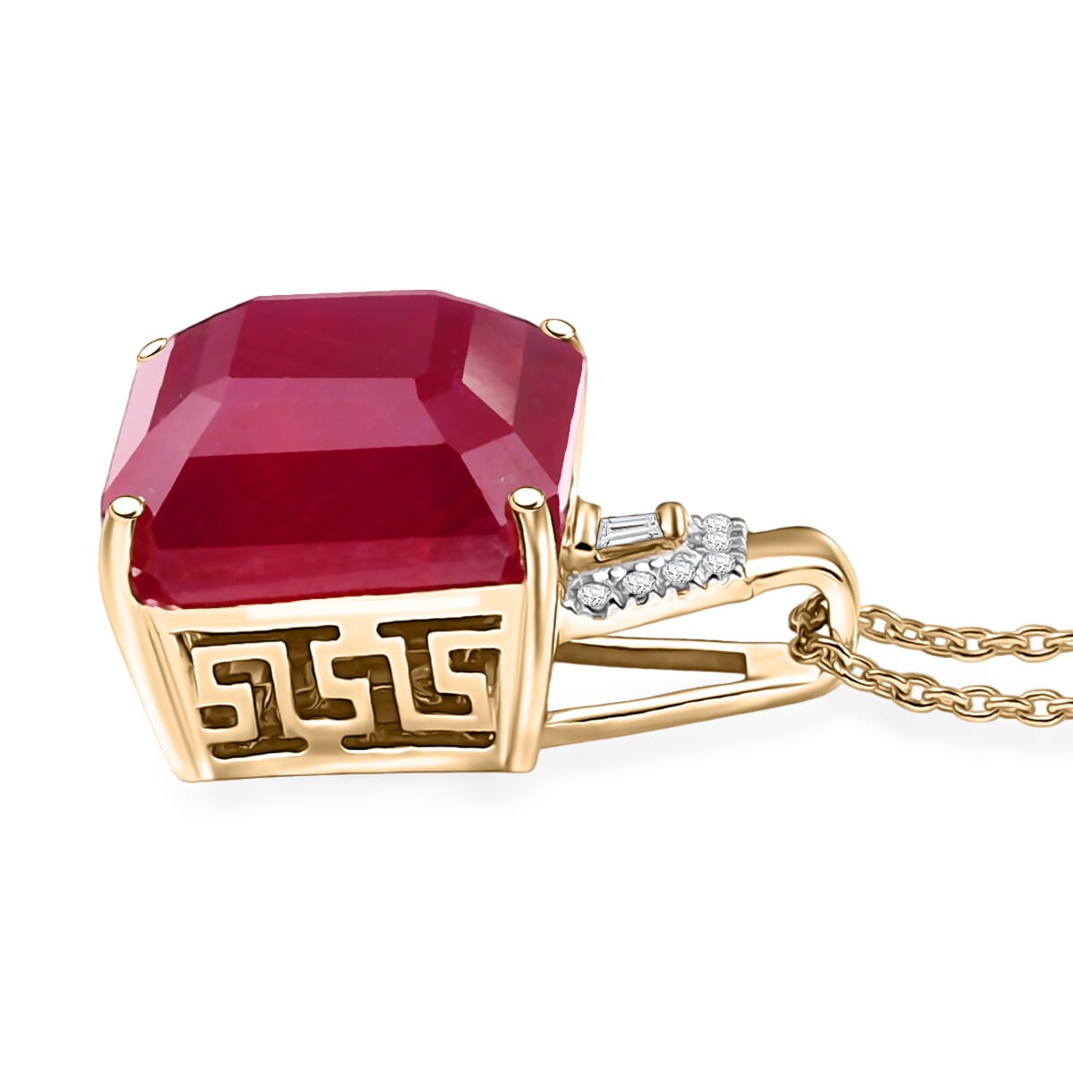 Luxoro AAA Asscher Cut Niassa Ruby FF and I2 Diamond 13.20 ctw Antique Greek Key Pendant Necklace 20 Inches in 10K Yellow Gold  image number 3
