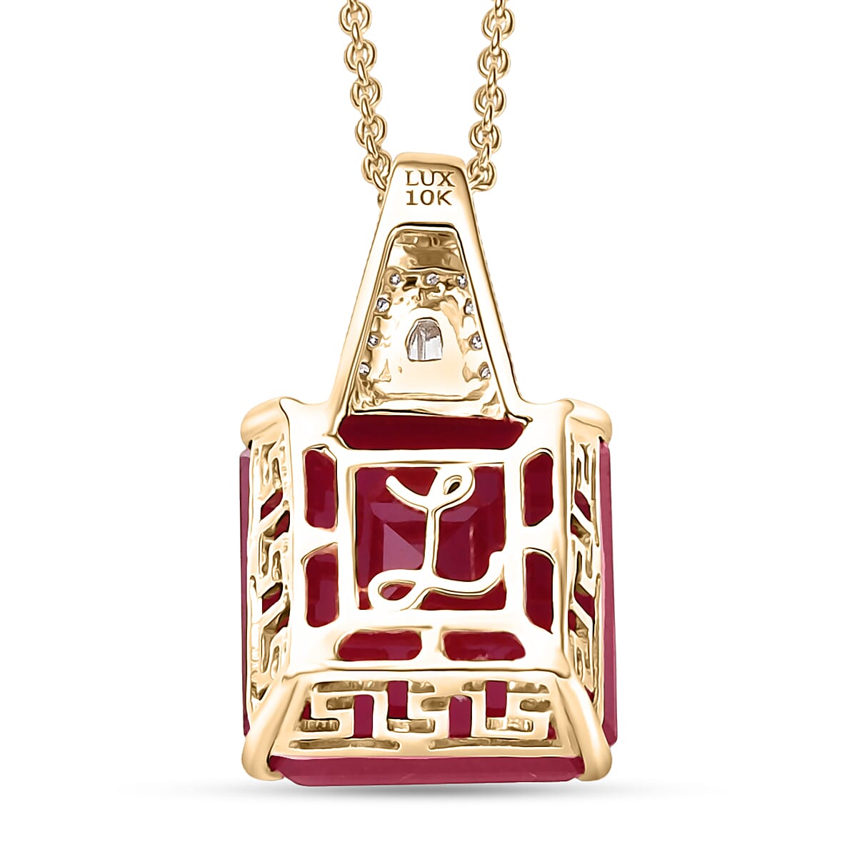 Luxoro AAA Asscher Cut Niassa Ruby FF and I2 Diamond 13.20 ctw Antique Greek Key Pendant Necklace 20 Inches in 10K Yellow Gold 
