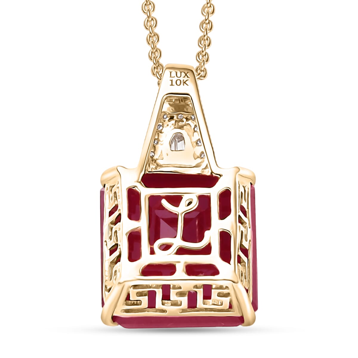 Luxoro AAA Asscher Cut Niassa Ruby FF and I2 Diamond 13.20 ctw Antique Greek Key Pendant Necklace 20 Inches in 10K Yellow Gold  image number 4