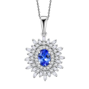 AAA Tanzanite and White Zircon 1.65 ctw Starburst Pendant Necklace in Rhodium Over Sterling Silver 20 Inches
