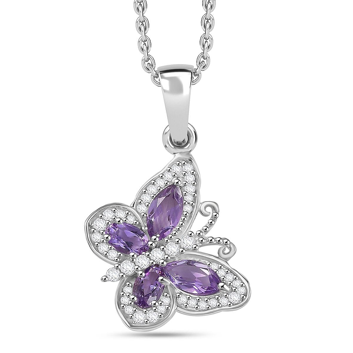 D'Joy Rose De France Amethyst and White Zircon 1.50 ctw Butterfly Pendant Necklace in Platinum Over Sterling Silver 20 Inches image number 0