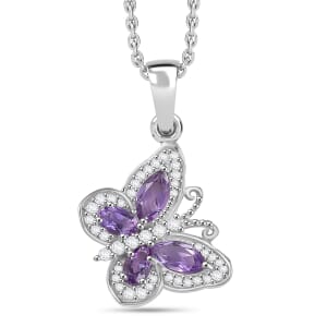 D'Joy Rose De France Amethyst and White Zircon 1.50 ctw Butterfly Pendant Necklace in Platinum Over Sterling Silver 20 Inches