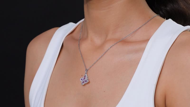D'Joy Rose De France Amethyst and White Zircon 1.50 ctw Butterfly Pendant Necklace in Platinum Over Sterling Silver 20 Inches
