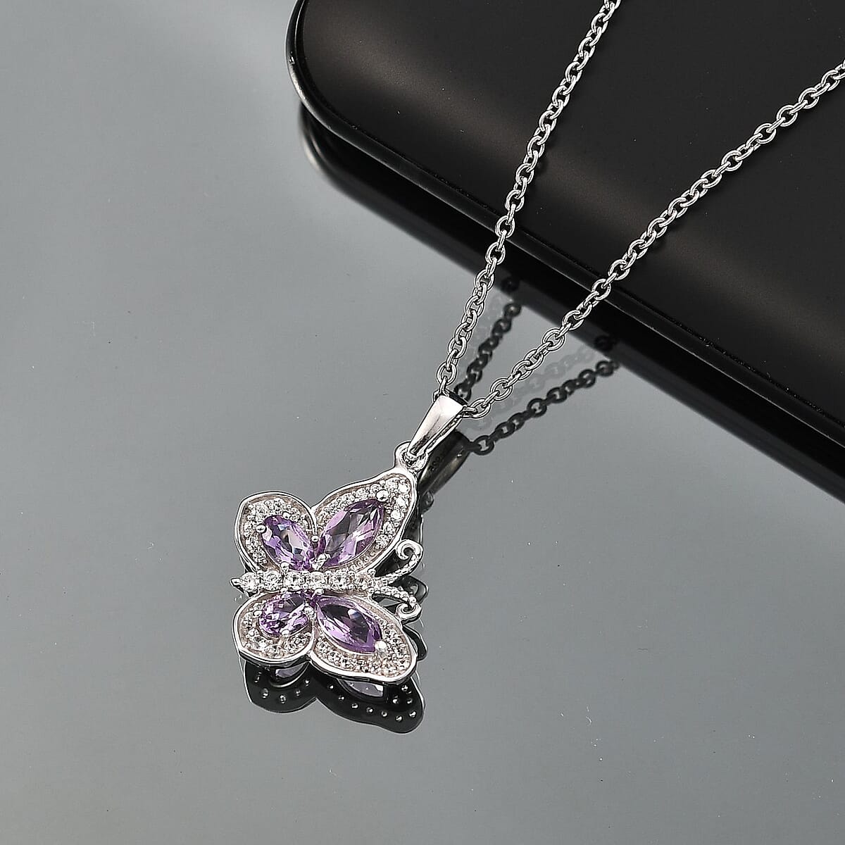 D'Joy Rose De France Amethyst and White Zircon 1.50 ctw Butterfly Pendant Necklace in Platinum Over Sterling Silver 20 Inches image number 1