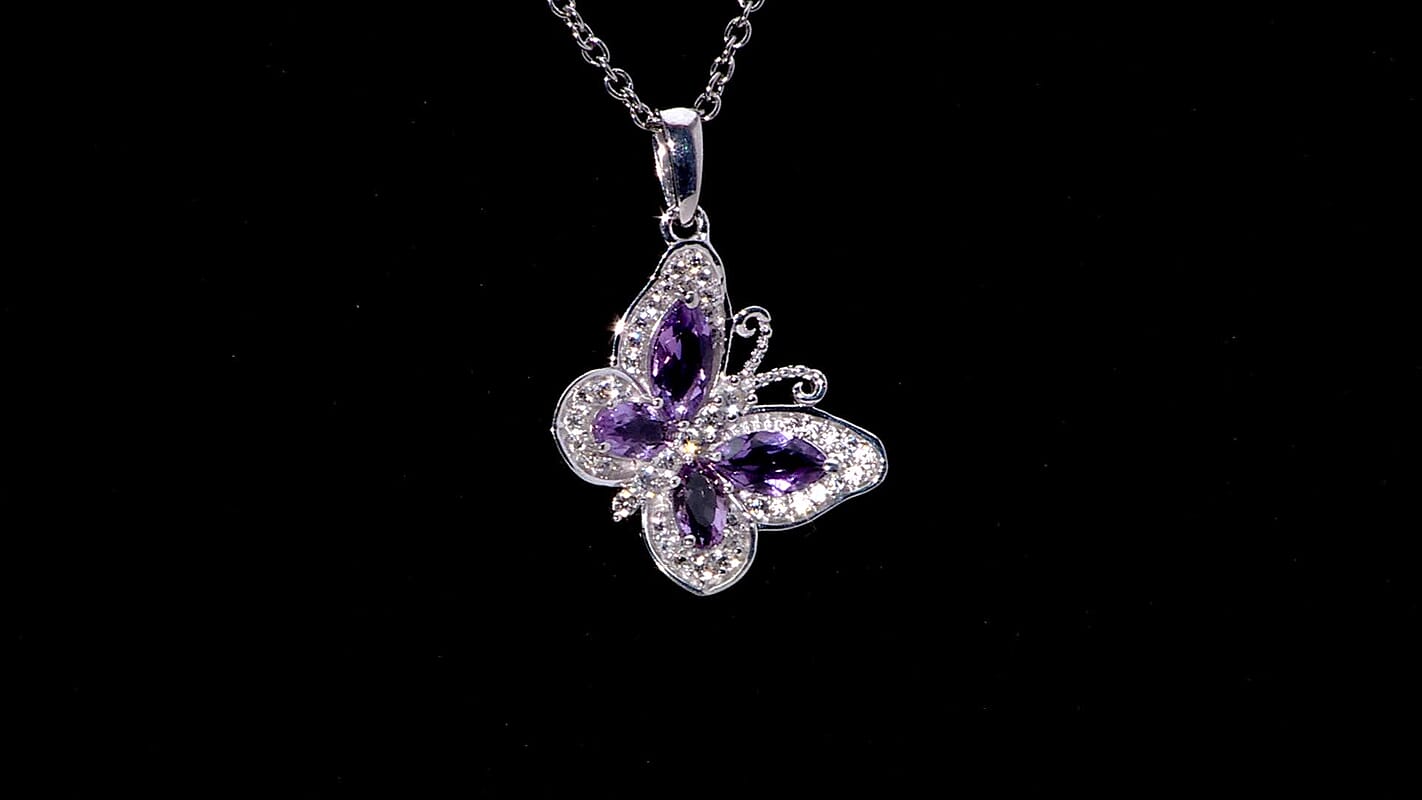 D'Joy Rose De France Amethyst and White Zircon 1.50 ctw Butterfly Pendant Necklace in Platinum Over Sterling Silver 20 Inches