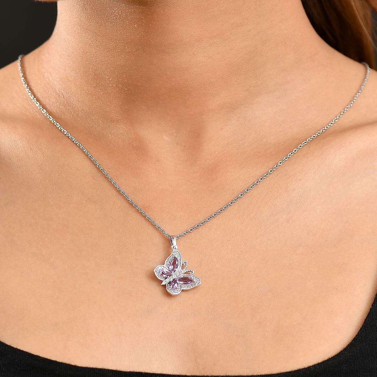 D'Joy Rose De France Amethyst and White Zircon 1.50 ctw Butterfly Pendant Necklace in Platinum Over Sterling Silver 20 Inches image number 2