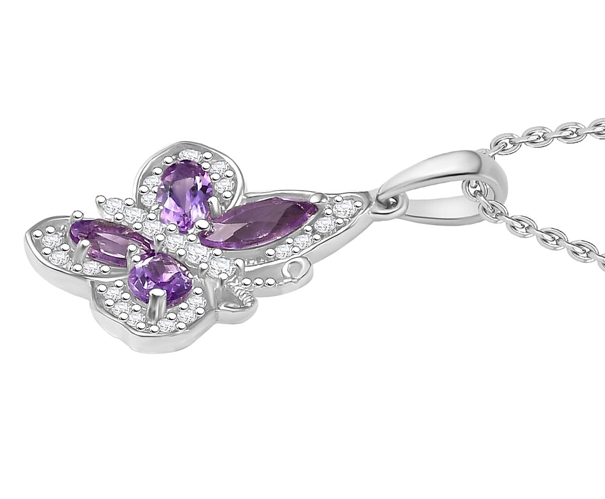 D'Joy Rose De France Amethyst and White Zircon 1.50 ctw Butterfly Pendant Necklace in Platinum Over Sterling Silver 20 Inches image number 3