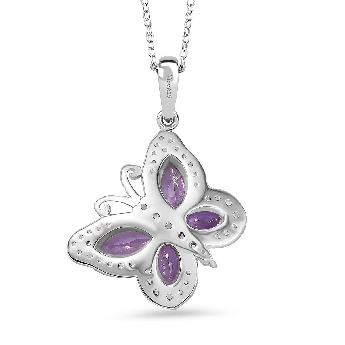 D'Joy Rose De France Amethyst and White Zircon 1.50 ctw Butterfly Pendant Necklace in Platinum Over Sterling Silver 20 Inches