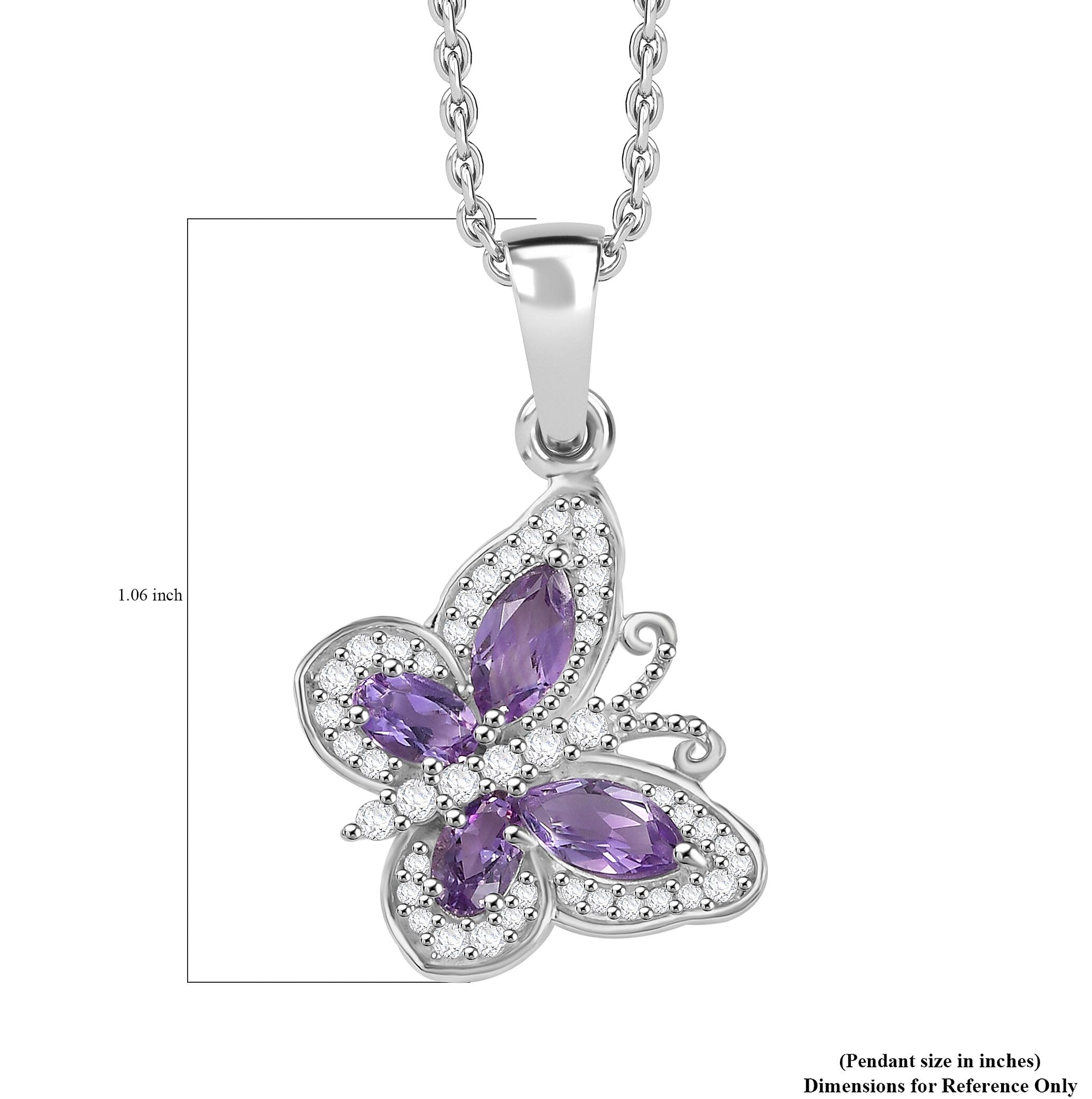 D'Joy Rose De France Amethyst and White Zircon 1.50 ctw Butterfly Pendant Necklace in Platinum Over Sterling Silver 20 Inches