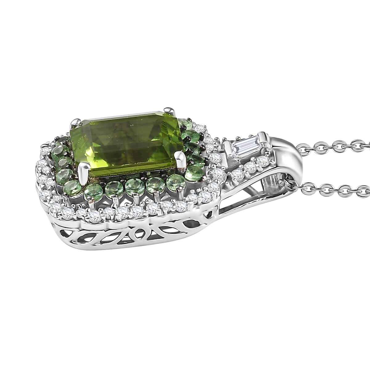Hebei Peridot and Multi Gemstone 3.50 ctw Water Ripples Pendant Necklace in Rhodium Over Sterling Silver 20 Inches image number 3