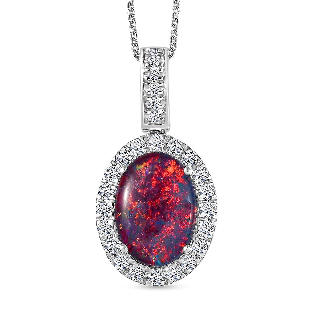 Certified & Appraised Premium Elysian Opal (Triplet) and G-H SI Luxuriant Lab Grown Diamond 4.22 ctw Halo Pendant Necklace in 10K White Gold 20 Inches image number 0