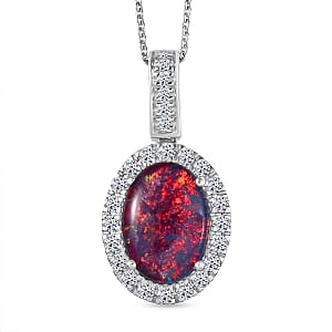 Certified & Appraised Premium Elysian Opal (Triplet) and G-H SI Luxuriant Lab Grown Diamond 4.22 ctw Halo Pendant Necklace in 10K White Gold 20 Inches
