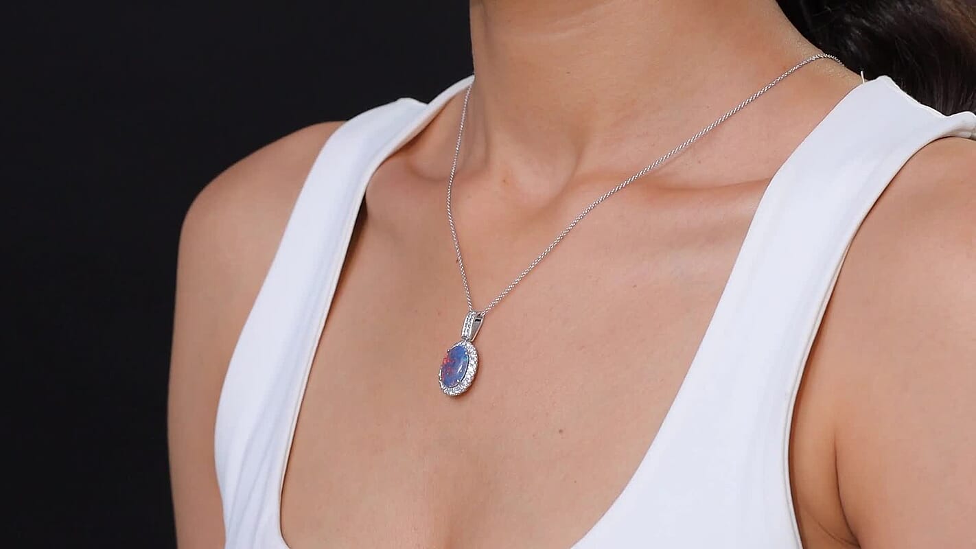 Premium Australian Black Ridge Opal Triplet and G-H SI Luxuriant Lab Grown Diamond 4.22 ctw Halo Pendant Necklace in 10K White Gold 20 Inches