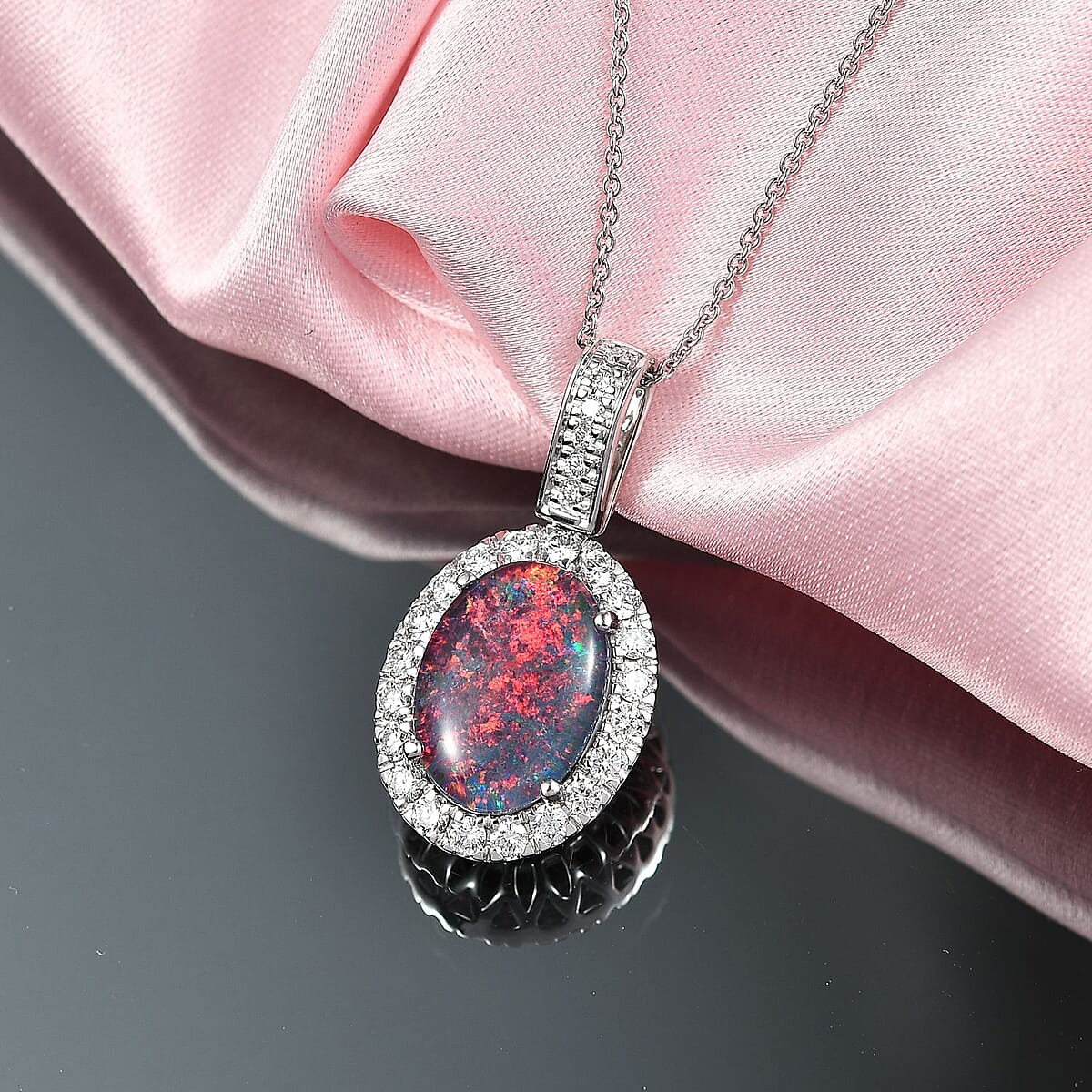 Certified & Appraised Premium Elysian Opal (Triplet) and G-H SI Luxuriant Lab Grown Diamond 4.22 ctw Halo Pendant Necklace in 10K White Gold 20 Inches image number 1