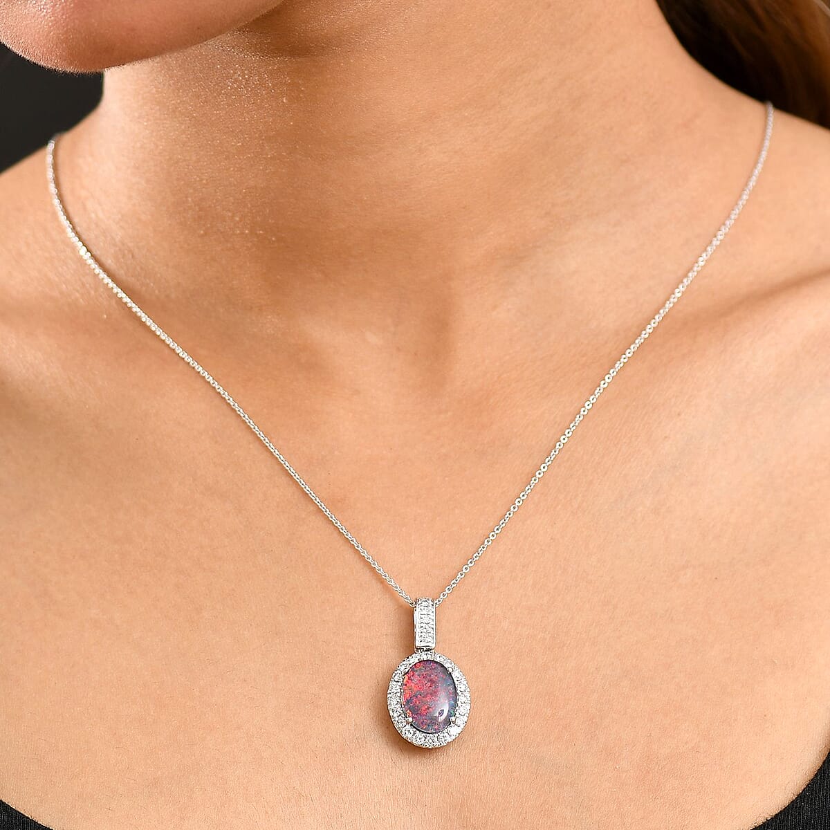 Certified & Appraised Premium Elysian Opal (Triplet) and G-H SI Luxuriant Lab Grown Diamond 4.22 ctw Halo Pendant Necklace in 10K White Gold 20 Inches image number 2